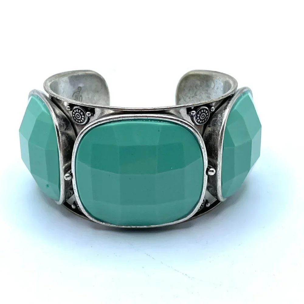 Lucky Brand Southwestern Boho Three Stone Green Silver Wide Cuff Bracelet